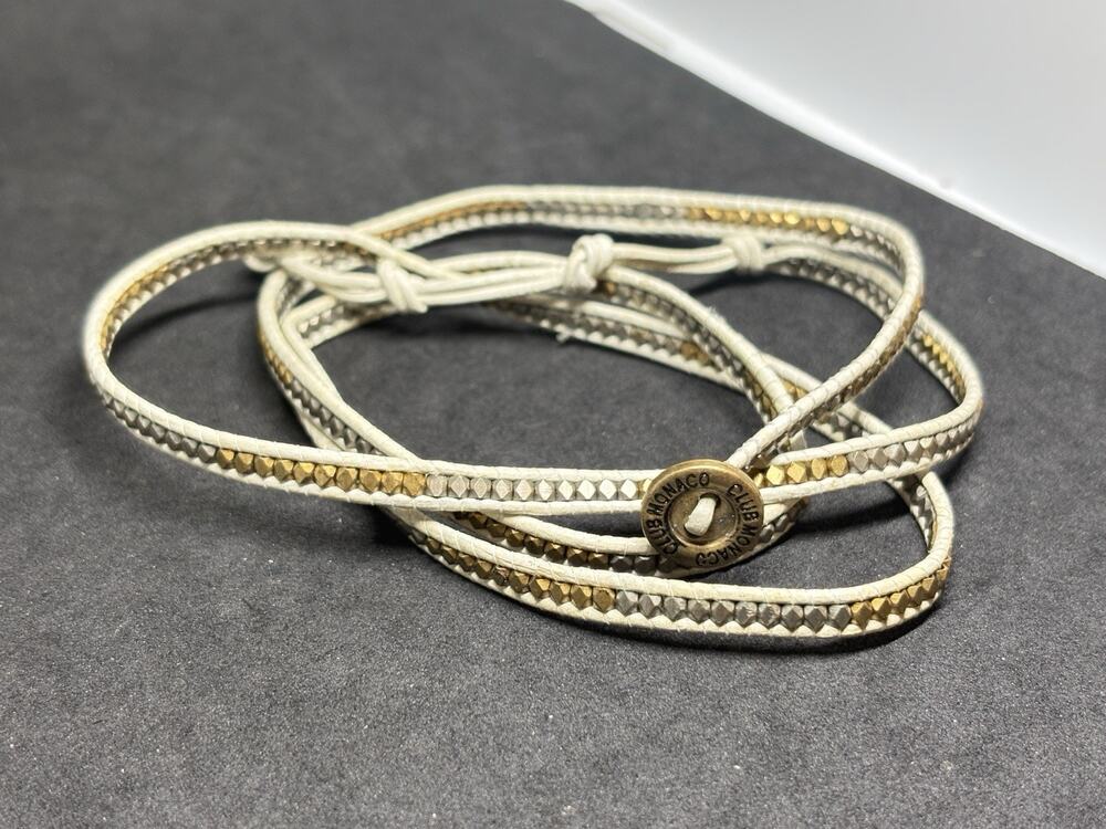 Club Monaco White Wrap Bracelet With Silver & Gold Beads And Button Closure